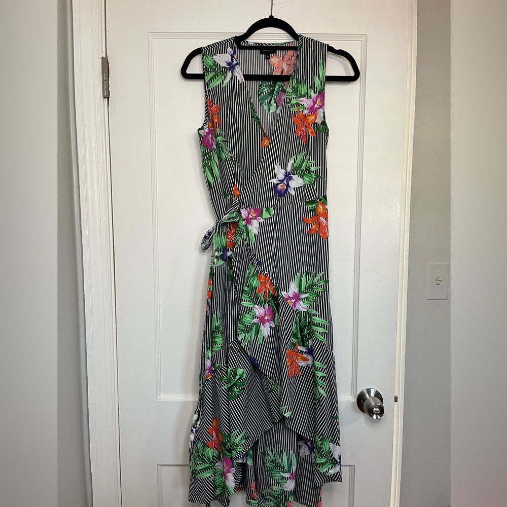 Who What Wear Black and White Striped Floral High Low Dress